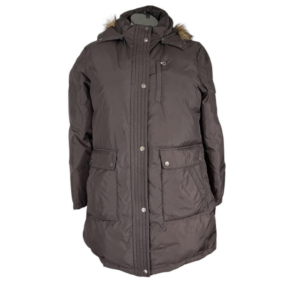 Donna Karan DKNY Down Jacket Women XL Brown Pockets Hood Zip Up Winter Coat